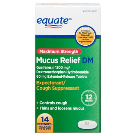 Equate Maximum Strength 12 Hour Mucus Relief DM Guaifenesin and Dextromethorphan Extended Release Tablets, 1200 mg/60 mg, 14 Count, Compare to Maximum Strength Mucinex® DM Active Ingredients