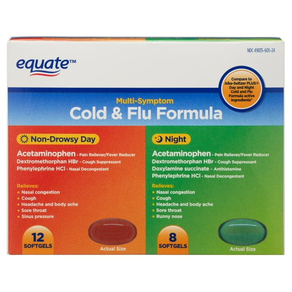 Equate Max Strength Day & Night Cold + Flu Relief Gelcaps, 325mg, 20 Count