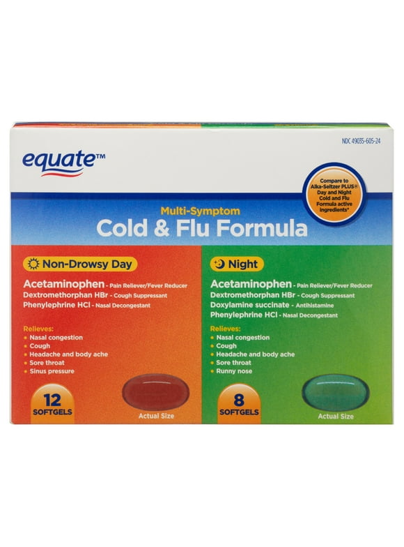Equate Multi-Symptom Day & Night Cold & Flu Formula Softgels, 20 Count