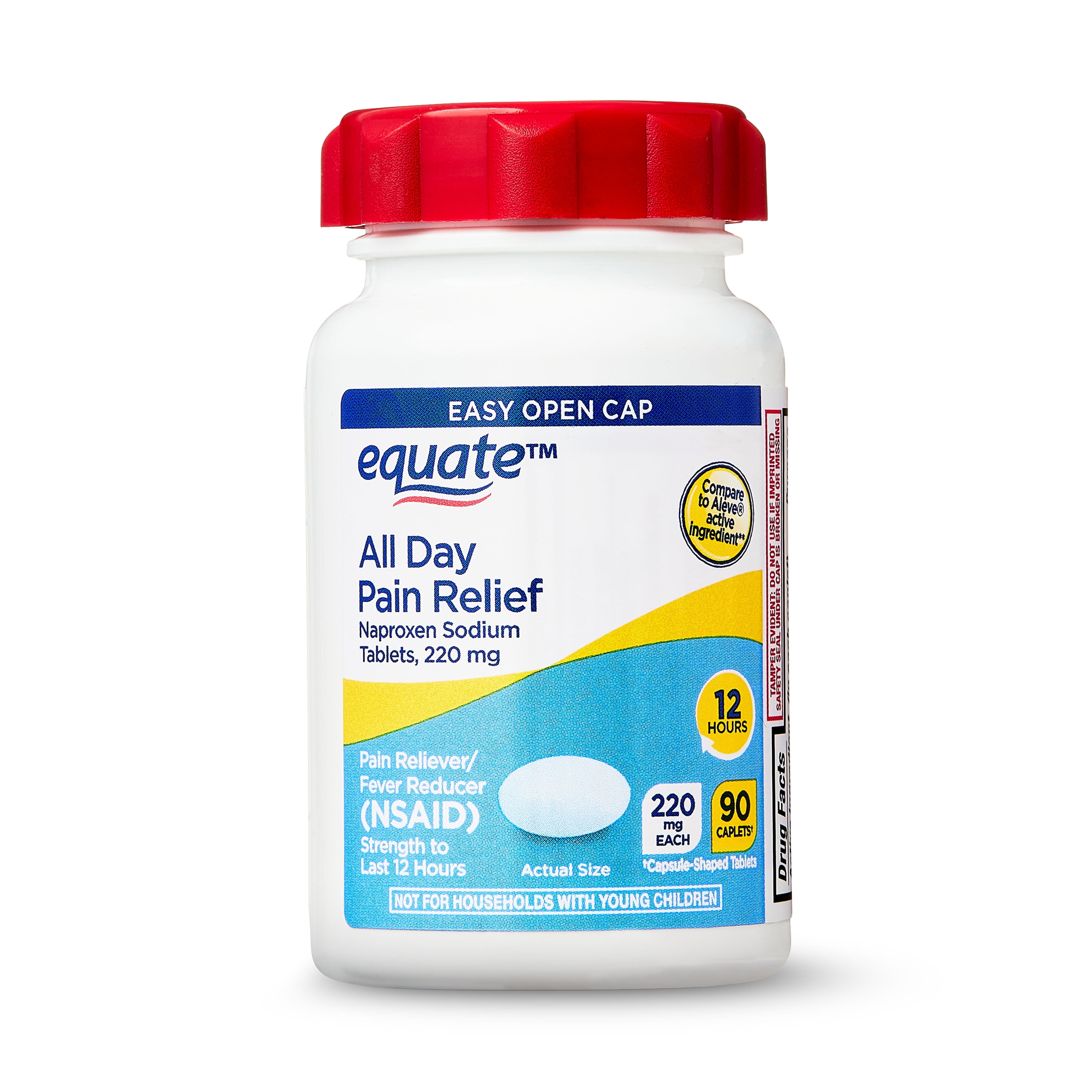 Equate All Day Pain Relief Naproxen Sodium Caplets, 220 mg, 90 Count, Easy Open Cap, Compare to Aleve Active Ingredient