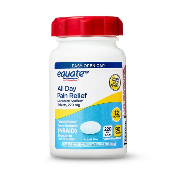 Equate All Day Pain Relief Naproxen Sodium Caplets, 220 mg, 90 Count, Easy Open Cap, Compare to Aleve® Active Ingredient