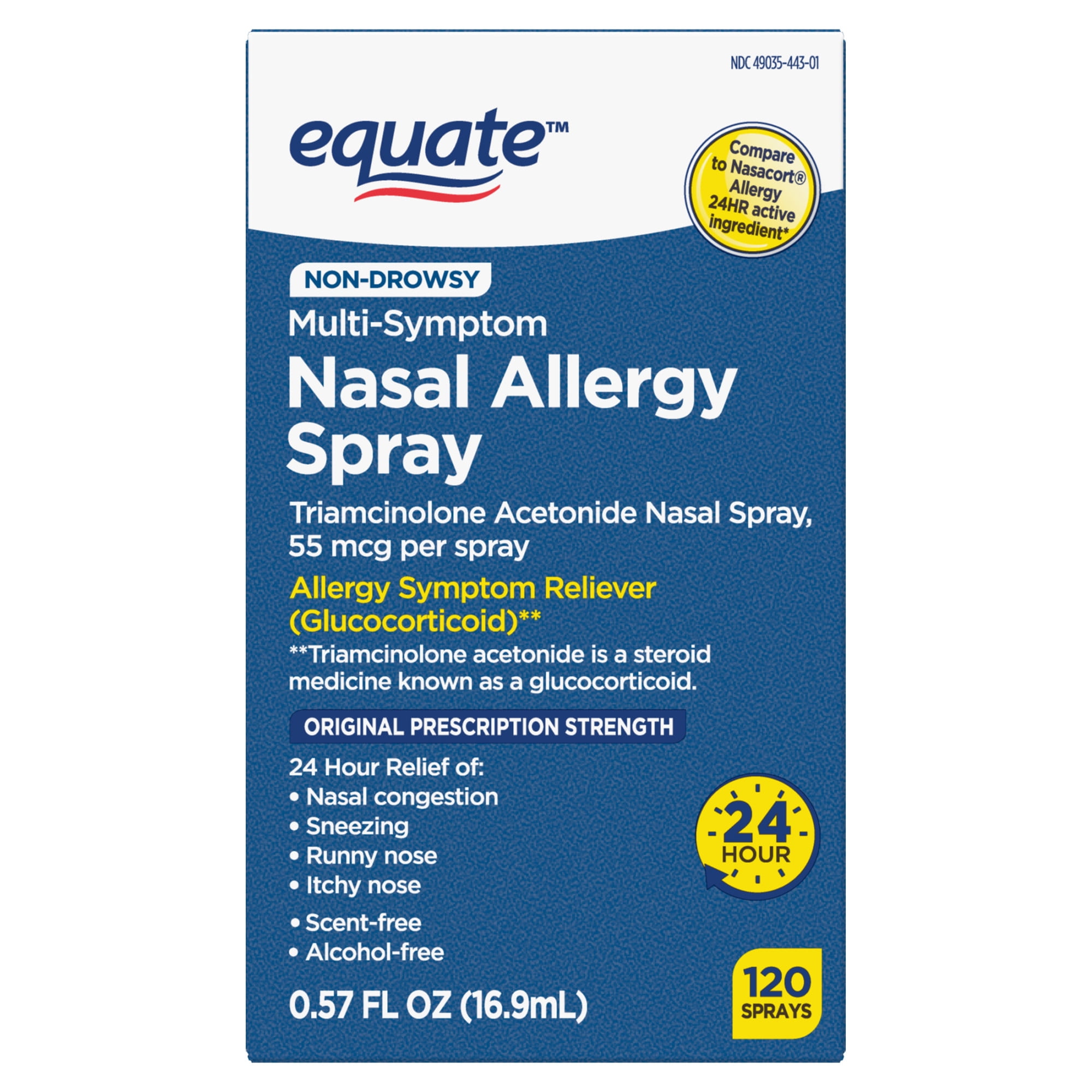 Equate Nasal Allergy Spray, 24 Hour Relief, Non-Drowsy, 120 Sprays, 16.9 ml
