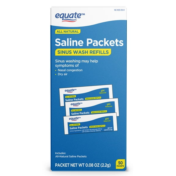 Equate Natural Saline Powder Packets Sinus Wash Refills for Allergies & Congestion Relief, 50 Count