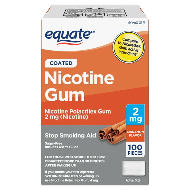 Equate Nicotine Coated Gum 2 mg, Stop Smoking Aid, Cinnamon Flavor, 100 Count