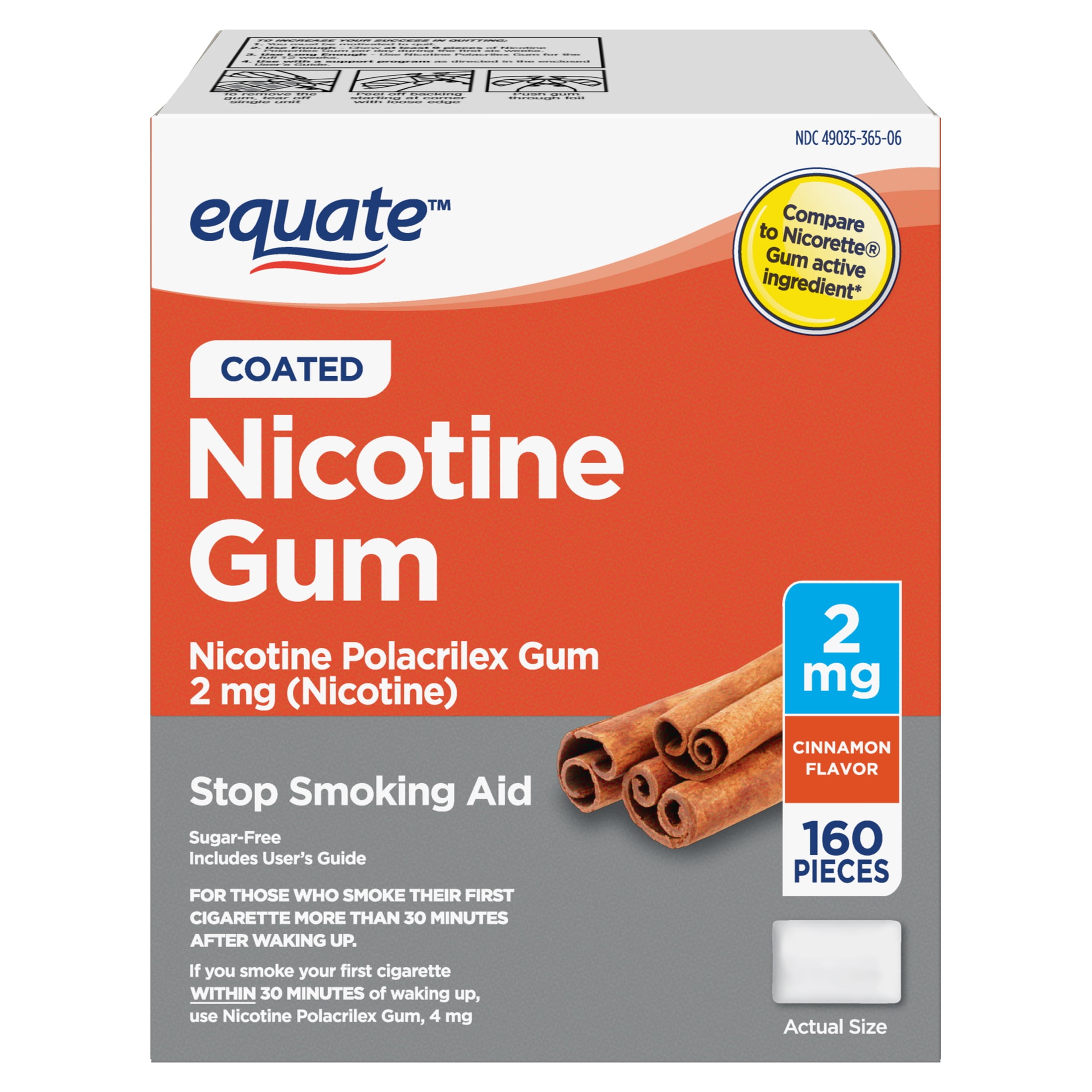 Equate Nicotine Coated Gum 2 mg, Stop Smoking Aid, Cinnamon Flavor, 160