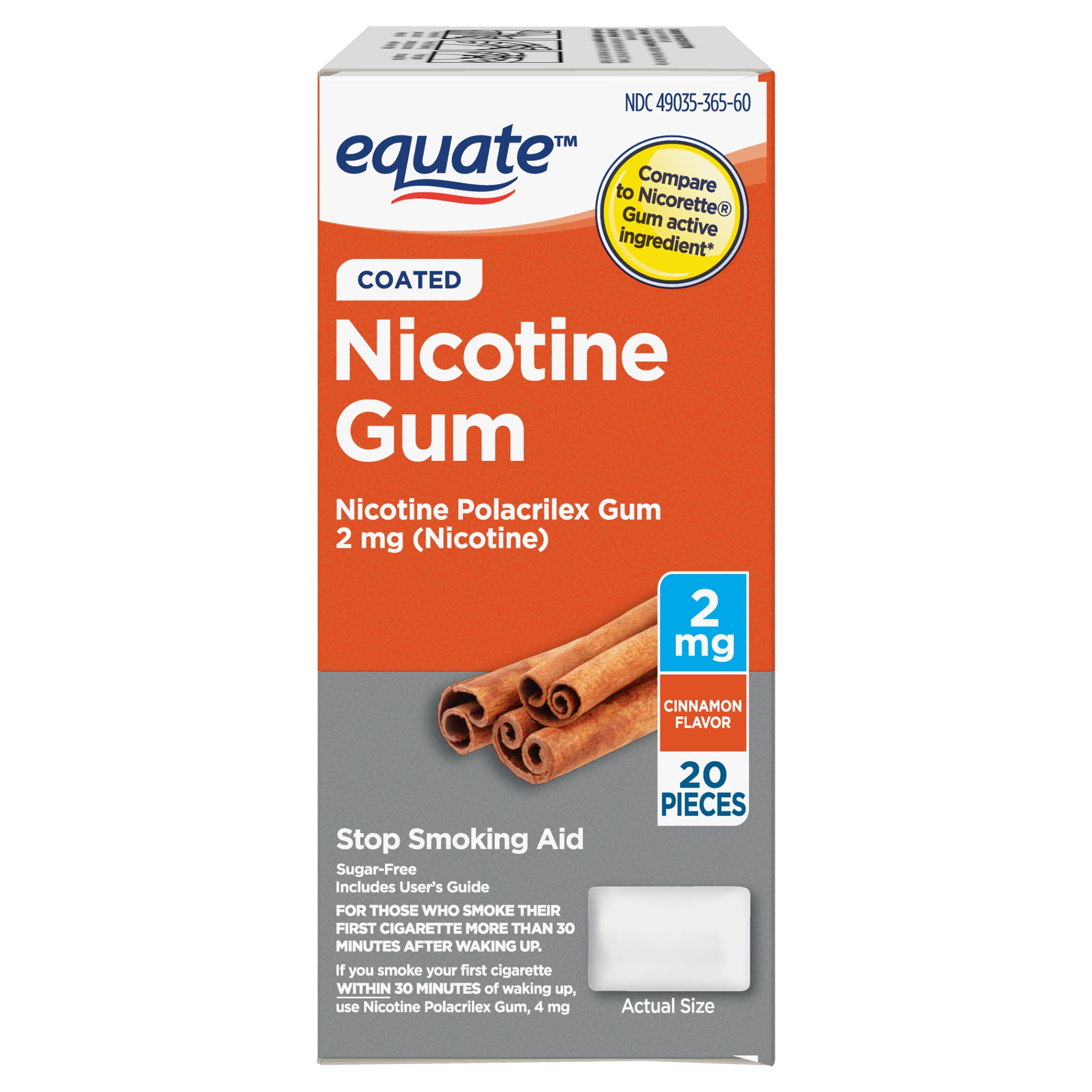 Equate Nicotine Coated Gum 2 mg, Stop Smoking Aid, Cinnamon Flavor, 20 Count, Compare to Nicorette Gum Active Ingredient