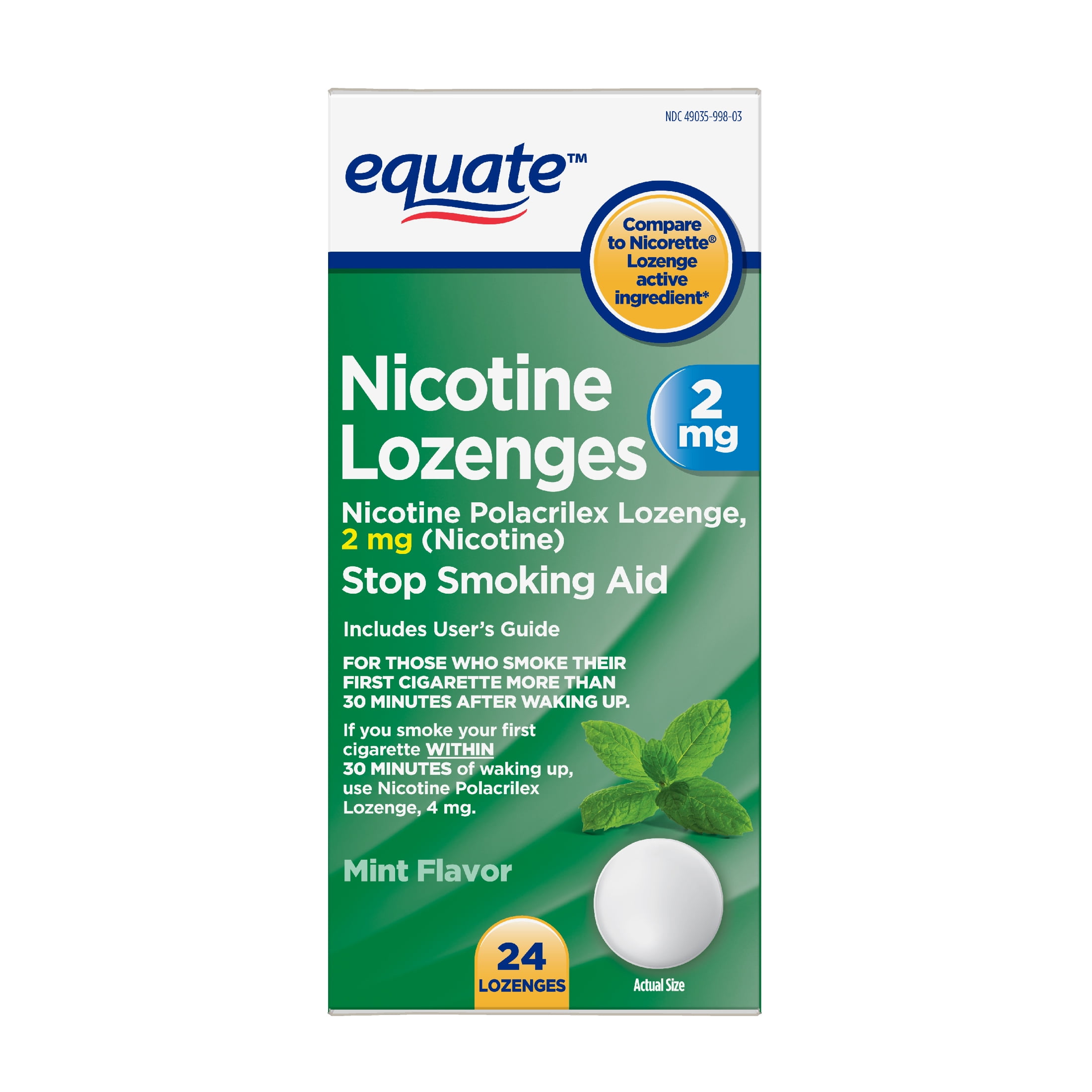Equate Nicotine Lozenge 2 mg, Stop Smoking Aid, Mint Flavor, 24 Count