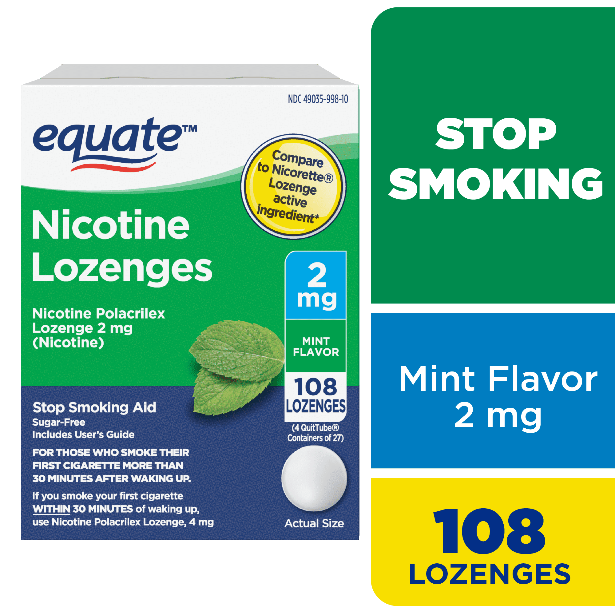 Equate Nicotine Polacrilex Lozenge 2 mg, Mint Flavor, Stop Smoking Aid, 108  Count, Compare to Nicorette® Lozenge Active Ingredient HSA/FSA Eligible