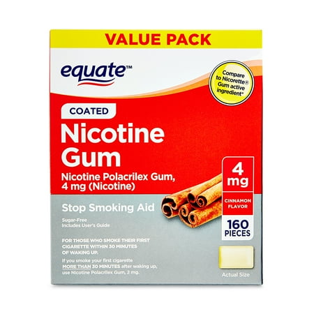 Equate Nicotine Polacrilex Coated Gum 4 mg, Cinnamon Flavor, Stop Smoking Aid, 160 Count, Compare to Nicorette® Gum Active Ingredient