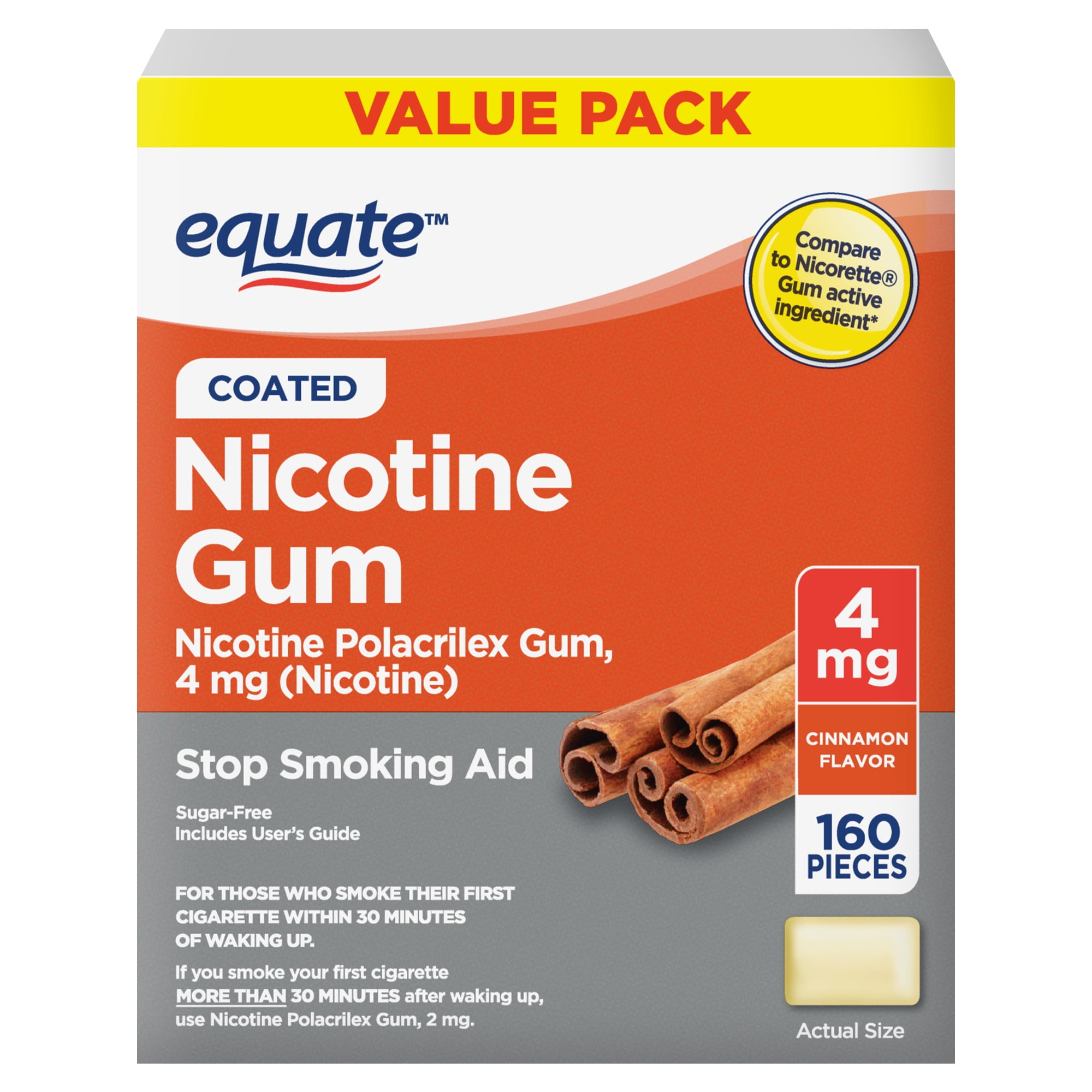 Equate Nicotine Gum 4 mg, Stop Smoking Aid, Cinnamon Flavor, Coated, 160 Count