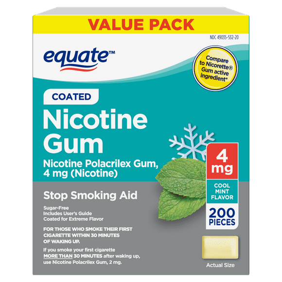 Equate Nicotine Polacrilex Coated Gum 4 mg (Nicotine), Mint Flavor, Stop Smoking Aid, 200 Count