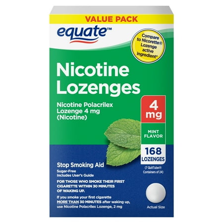 Equate Nicotine Polacrilex Lozenges 4 mg, Stop Smoking Aid, Mint Flavor, 168 Count