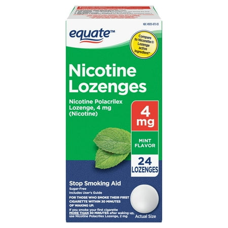 Equate Nicotine Polacrilex Lozenges, 4 mg, Mint Flavor, 24 Count, Compare to Nicorette® Lozenge Active Ingredient