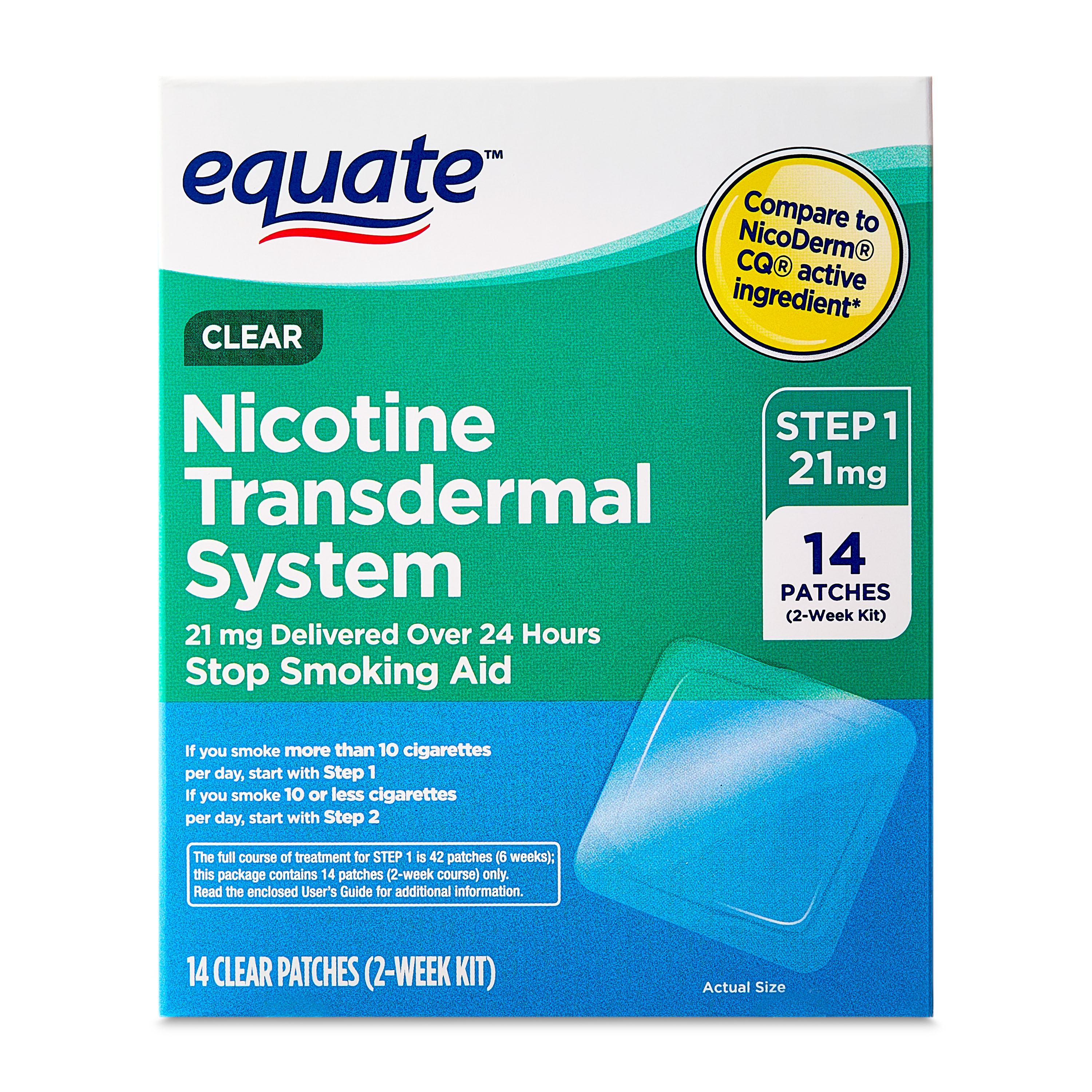 Equate Nicotine Transdermal System Step 1 Clear Patches, 21 mg, 14 Count - image 1 of 8