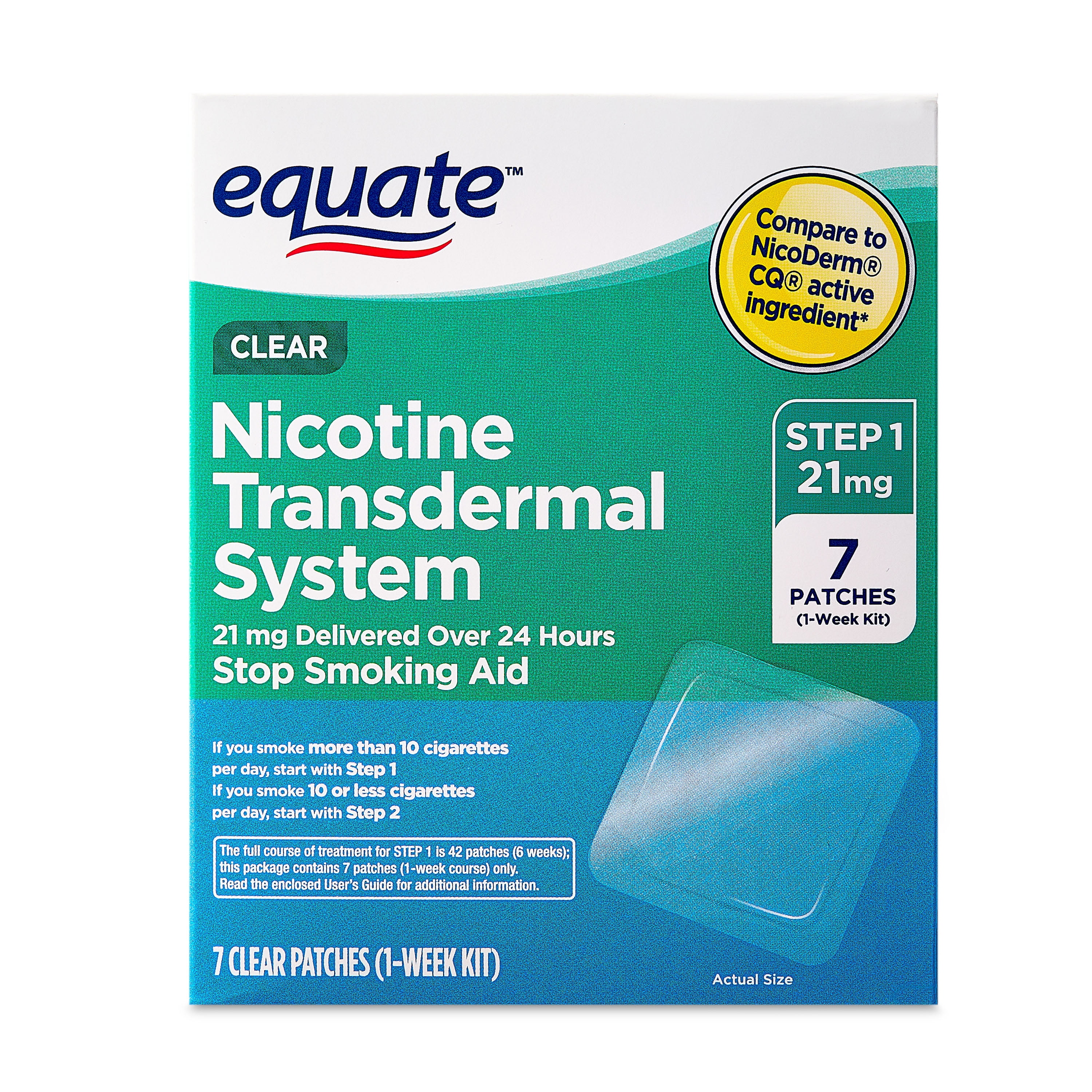 Equate Nicotine Transdermal System Step 1 Clear Patches, 21 mg, 7 Count