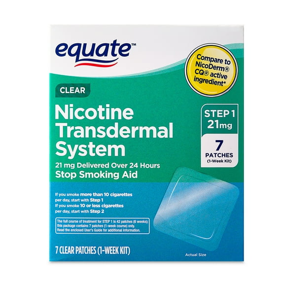 Equate Nicotine Transdermal System Step 1 Clear Patches, 21 mg, 7 Count, Compare to Nicoderm® CQ® Active Ingredient