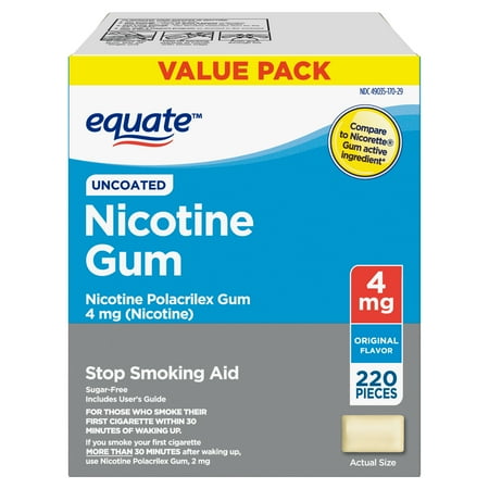 Equate Nicotine Uncoated Gum 4 mg, Original Flavor, 220 Count, Compare to Nicorette® Gum Active Ingredient
