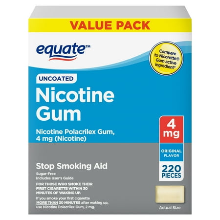 Equate Nicotine Uncoated Gum 4 mg, Stop Smoking Aid, Original Flavor, 220 Count