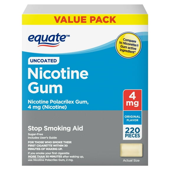 Equate Nicotine Uncoated Gum 4 mg, Stop Smoking Aid, Original Flavor, 220 Count