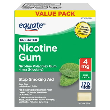Equate Nicotine Uncoated Gum 4 mg, Stop Smoking Aid, Mint Flavor, 170 Count, Compare to Nicorette® Gum Active Ingredient
