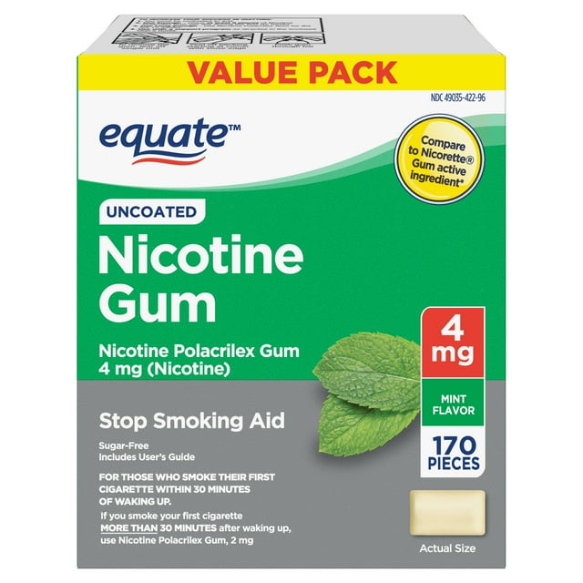 Equate Nicotine Uncoated Gum 4 mg, Stop Smoking Aid, Mint Flavor, 170
