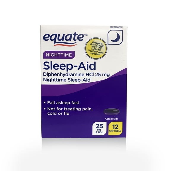 Equate Nighttime Sleep-Aid Softgels, 25 mg Diphenhydramine, 12 Count
