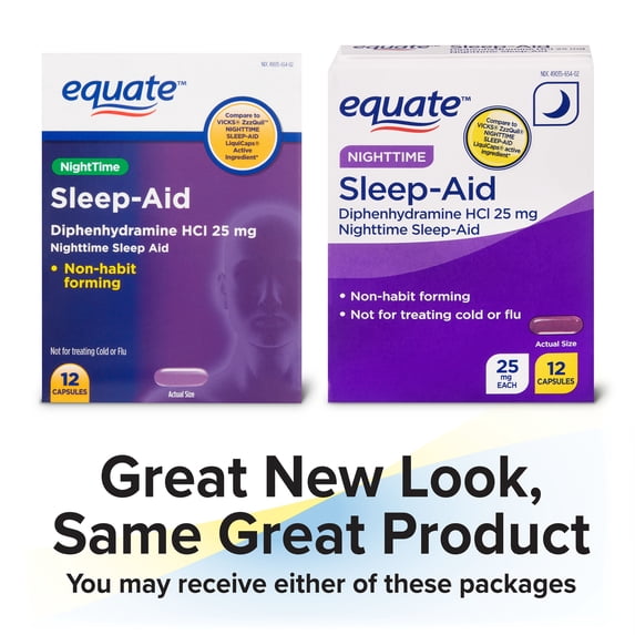 Equate NightTime Sleep-Aid Diphenhydramine Capsules, 25 mg, 12 Ct