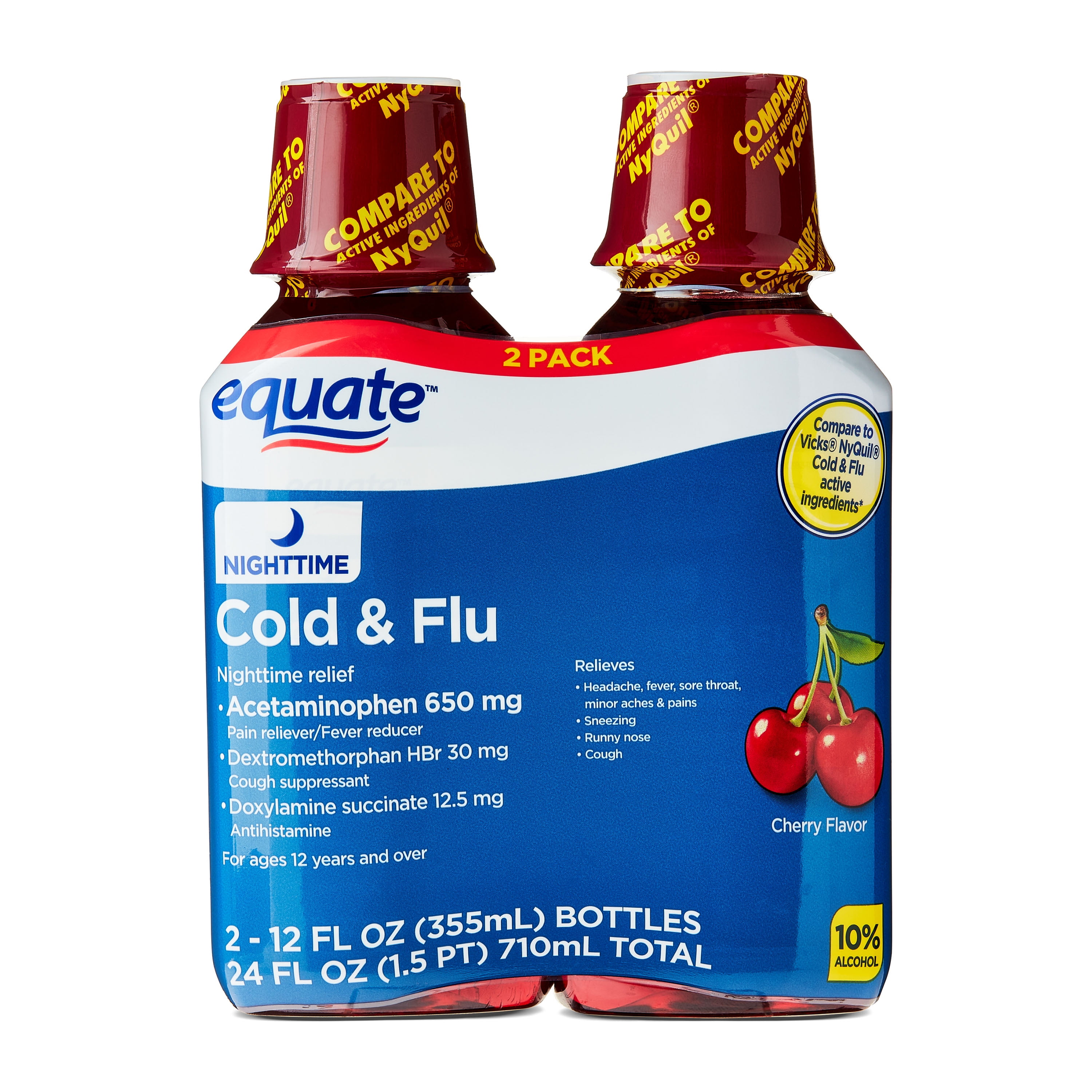 Equate Nighttime Cold and Flu Relief Liquid, Cherry Flavor, 24 fl oz (2x12 fl oz), Compare to Vicks Nyquil Cold & Flu Active Ingredients