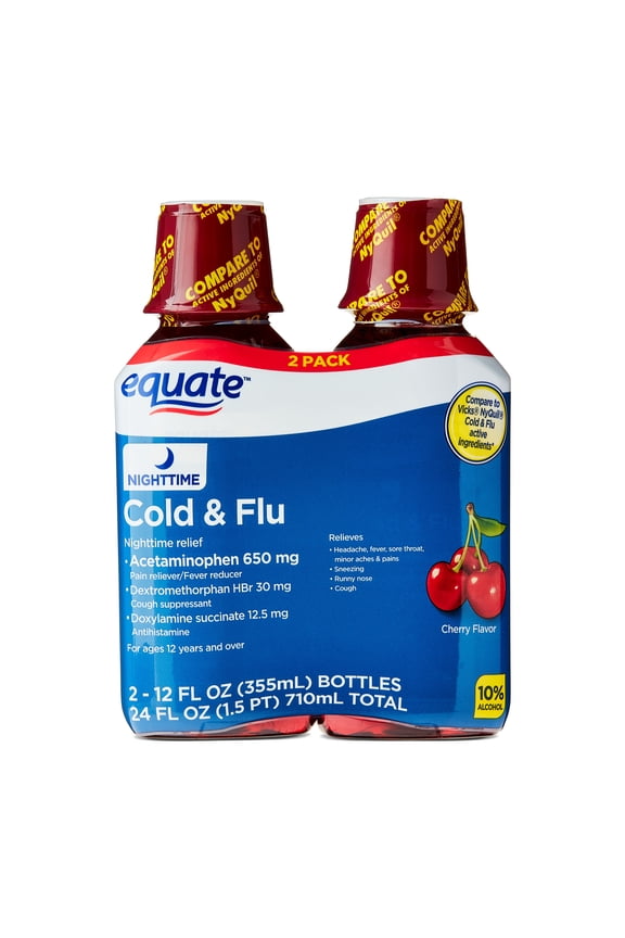 Nighttime Cold and Flu Relief Liquid, Cherry Flavor, 24 fl oz (2x12 fl oz), Compare to Vicks Nyquil Cold & Flu Active Ingredients