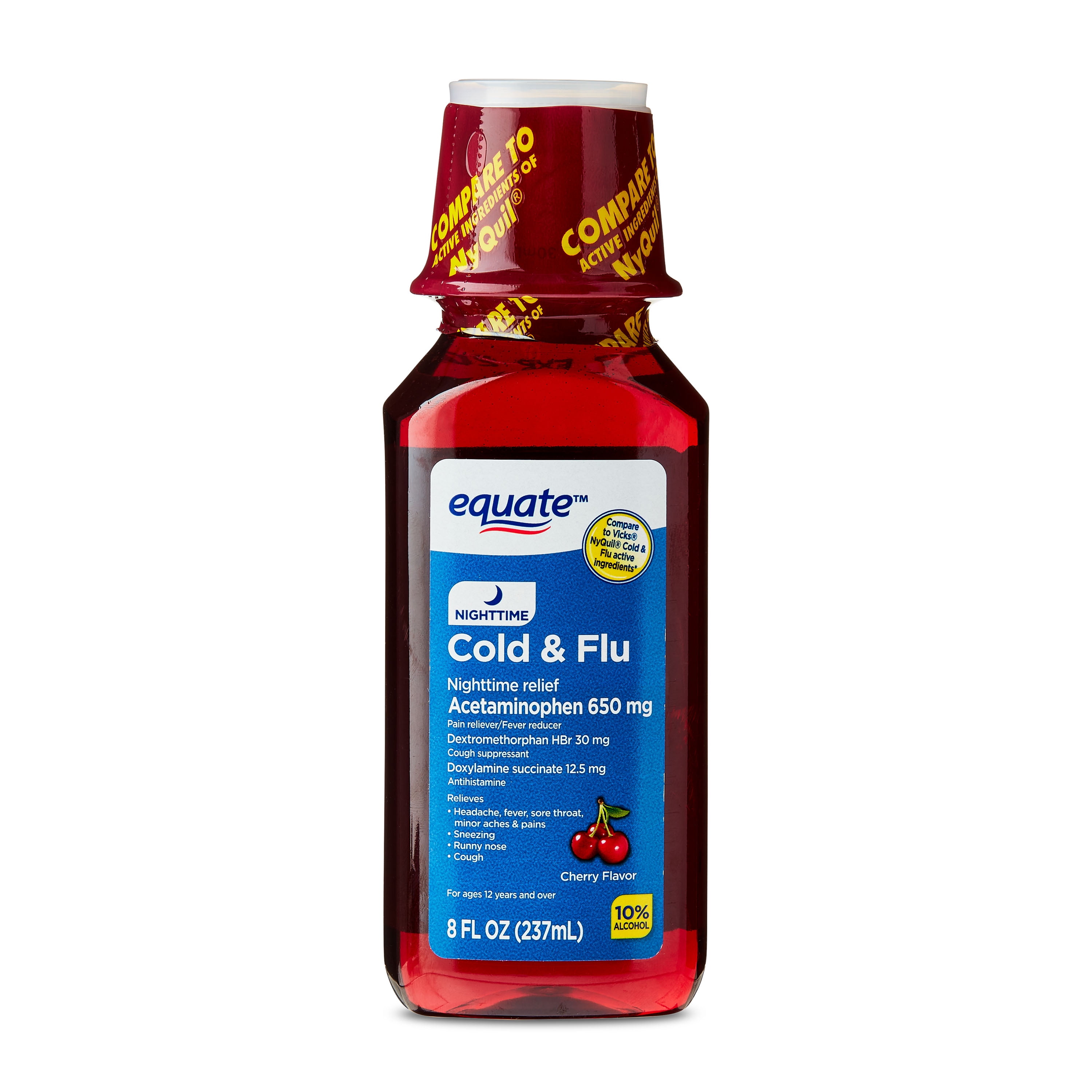 Equate Nighttime Cold and Flu Relief Liquid, Cherry Flavor, 12 fl oz, Compare to Vicks Nyquil Cold & Flu Active Ingredients