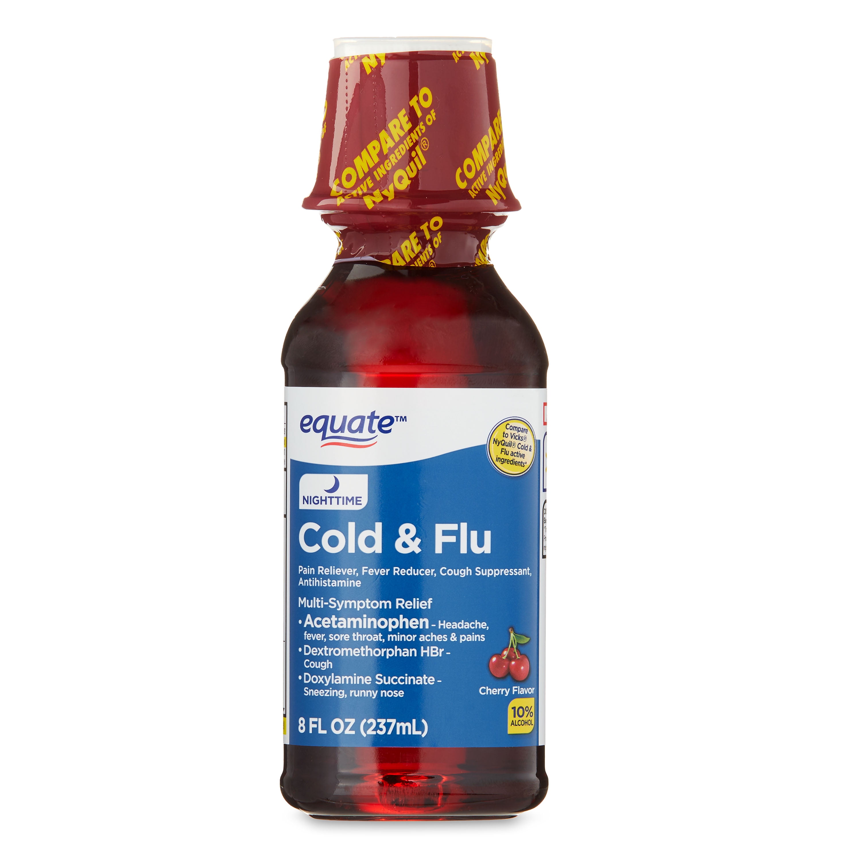 Equate Nighttime Cold and Flu Relief Liquid, Cherry Flavor, 12 fl oz, Compare to Vicks Nyquil Cold & Flu Active Ingredients