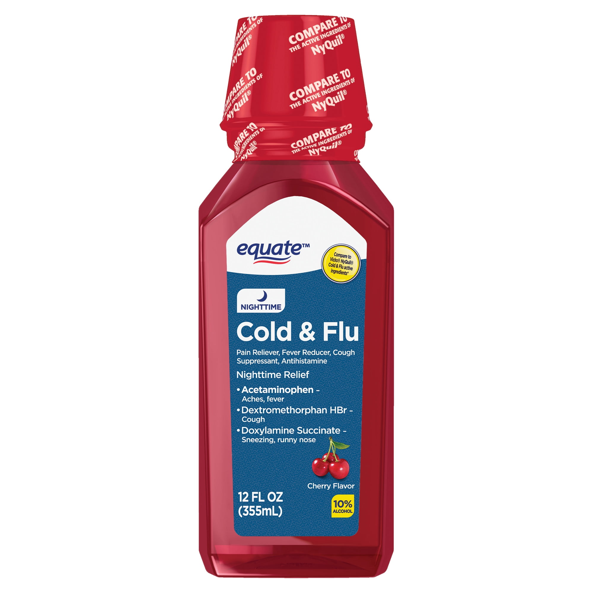 Equate Nighttime Cold & Flu Liquid Medicine, Cough & Cold Medicine, Cherry, 12 fl oz