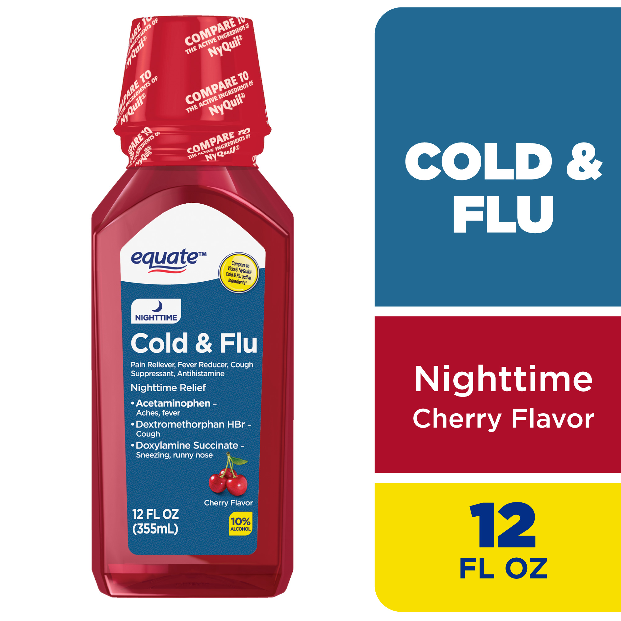 Equate Alivio para Resfriado y Gripe Nocturno Líquido, Sabor Cereza, 12 Fl Oz, Comparar con los Ingredientes Activos de Vicks NyQuil Resfriado y Gripe
