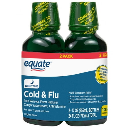 Equate Nighttime Cold and Flu Relief Liquid, Original Flavor, 24 fl oz (2x12 fl oz), Compare to Vicks® Nyquil® Cold & Flu Active Ingredients