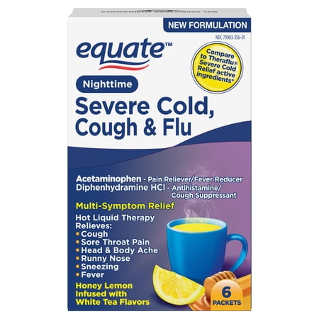 Equate Nighttime Severe Cold, Cough and Flu Relief, Honey Lemon and White Tea Flavors, 6 Packets
