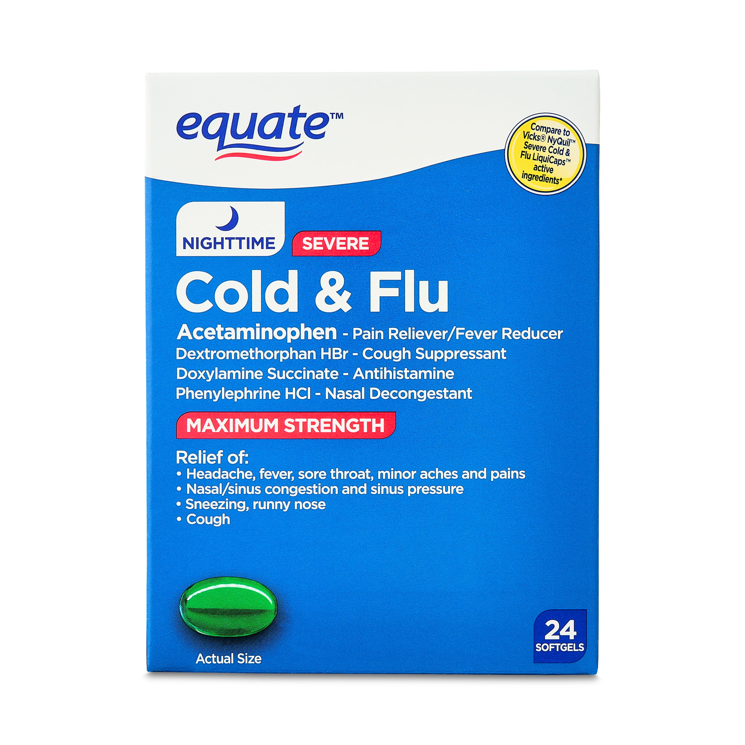 Equate Maximum Strength Nighttime Cold & Flu Softgels, Relief for Adults 12+, 24 Count