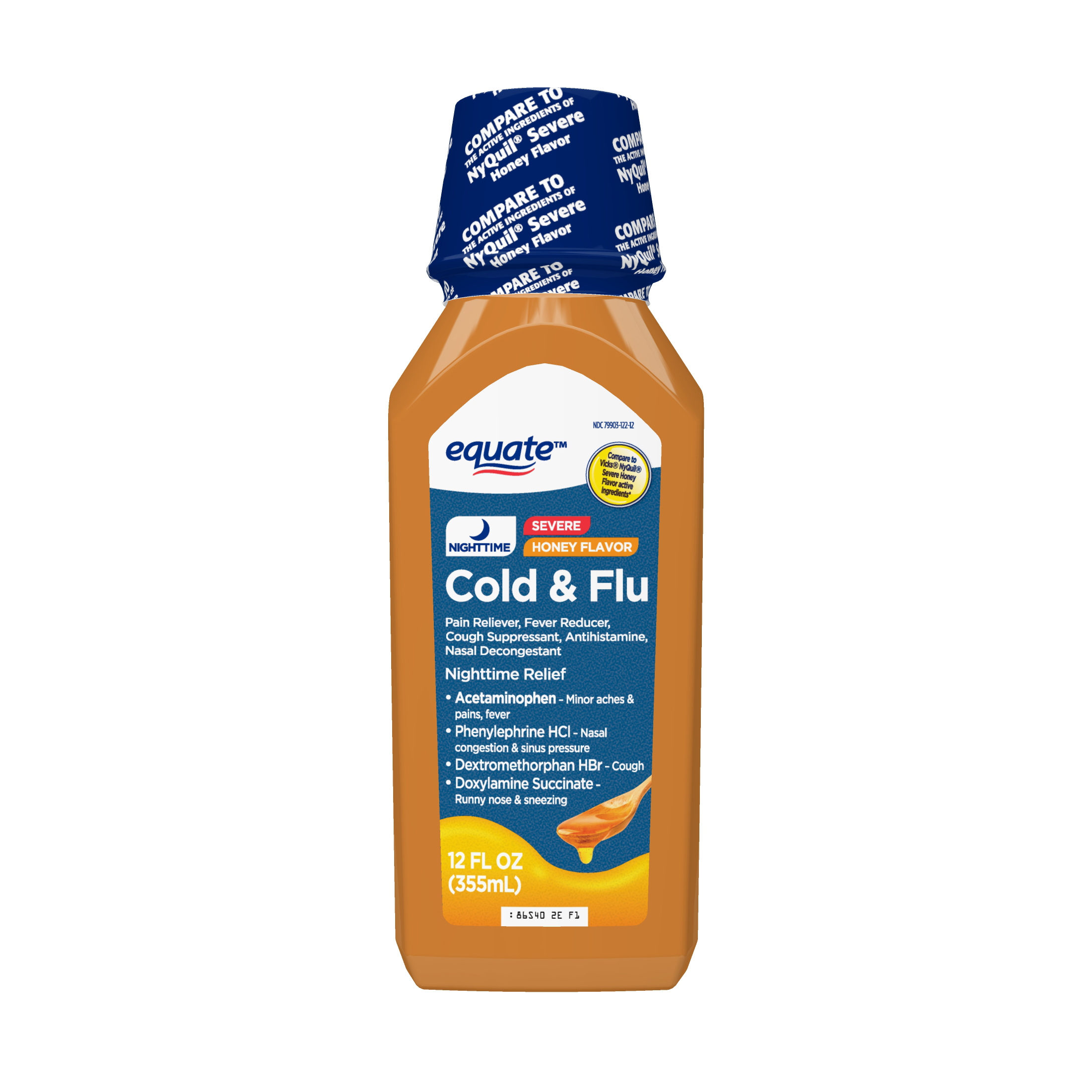 Equate Nighttime Severe Cold and Flu, Honey Flavor Liquid, 12 Fl. Oz
