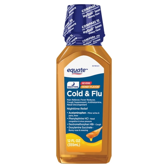 Equate Nighttime Severe Cold & Flu Relief, Sinus & Cough Relief, Honey, 12 fl oz