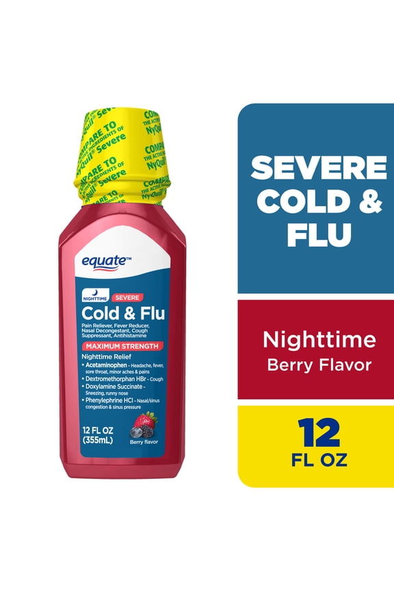 Maximum Strength Night Time Cold and Flu Medicine, Berry Flavor, 12 fl oz, Cough and Cold Medicine for Adults, Compare to Vicks® NyQuil® Severe Active Ingredients