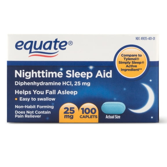 Equate Nighttime Sleep Aid Diphenhydramine HCl Caplets, 25 mg, 100 Count