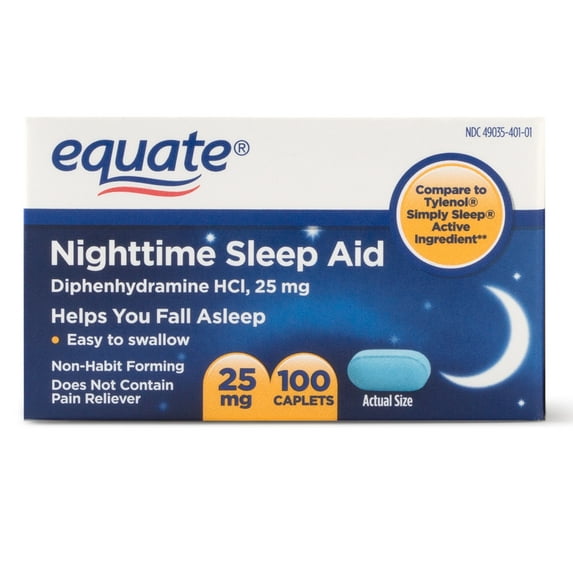 Equate Nighttime Sleep Aid Diphenhydramine HCl Caplets, 25 mg, 100 Count