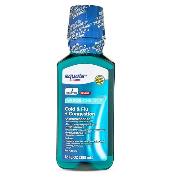 Equate Vapor Chilling Nighttime Severe Cold and Flu + Congestion Liquid, 12 oz