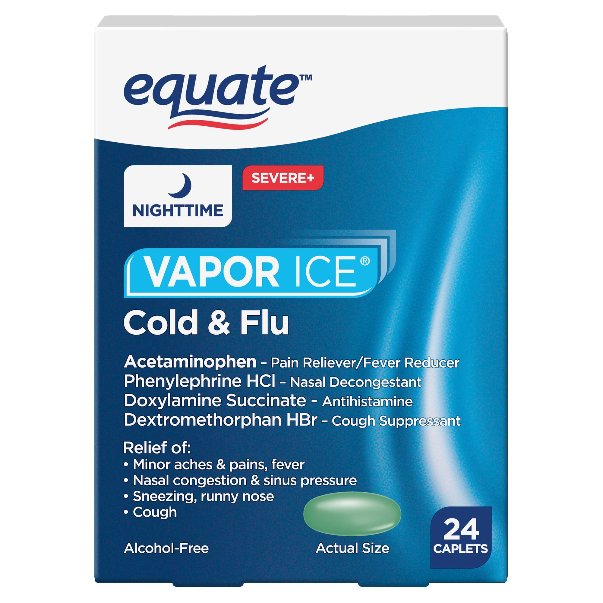 Equate Vapor Ice Severe Nighttime Cold & Flu Relief Caplets Max Strength Cold Medicine, 24 ct