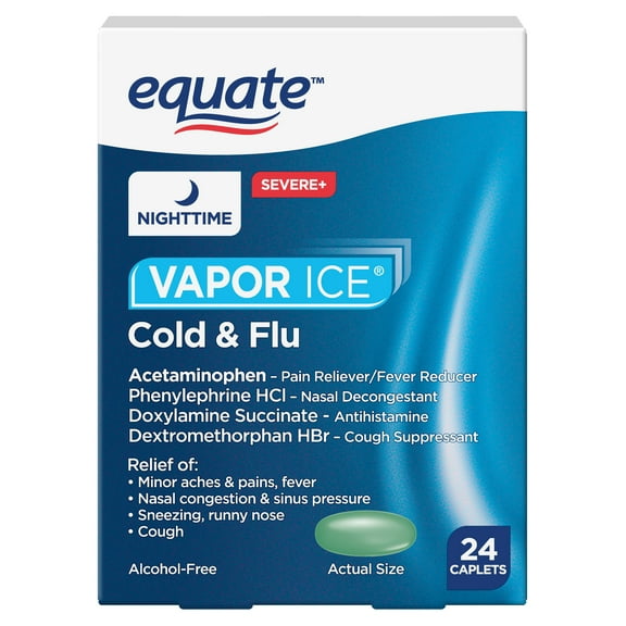 Equate Vapor Ice Severe Nighttime Cold & Flu Relief Caplets  Max Strength Cold Medicine, 24 ct