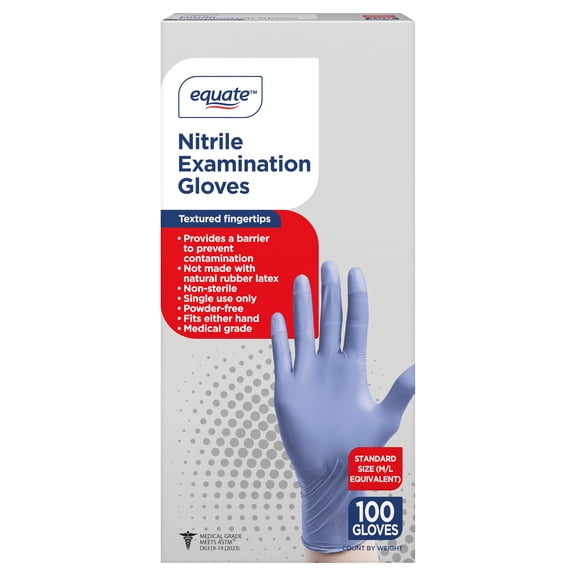 Equate Nitrile Disposable Exam Gloves, Standard Size (M/L Equivalent), 100 Count