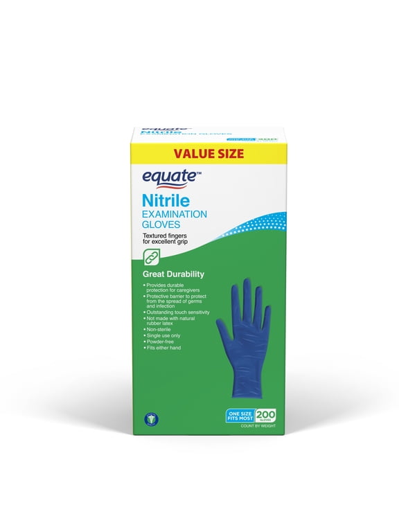 Nitrile Examination Gloves, One Size Fits Most, 200 Count (2 Boxes of 100 Each)