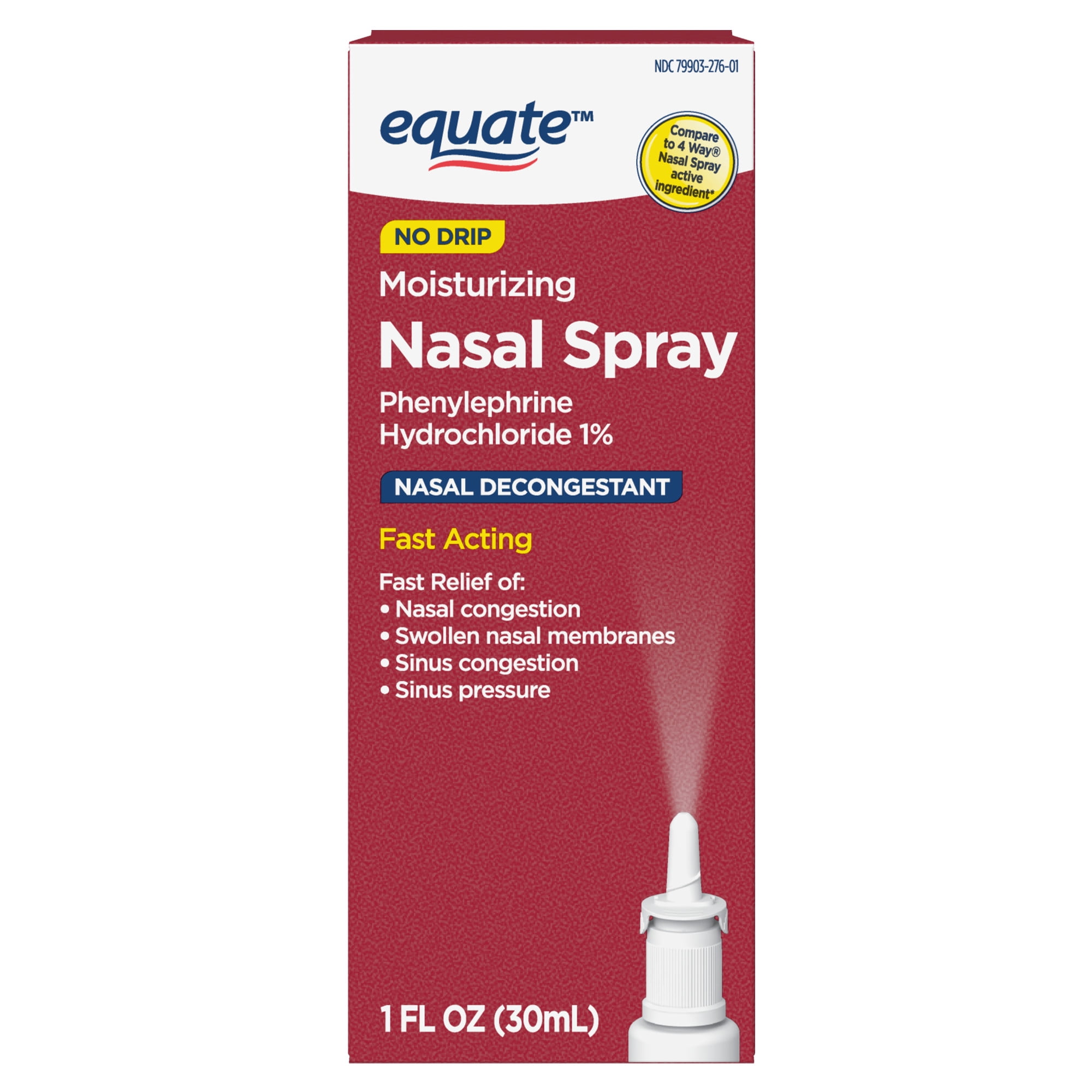 Equate No-Drip Moisturizing Nasal Decongestant Spray, Phenylephrine HCl 1% , 1 fl oz, Compare to 4-Way Nasal Spray Active Ingredient