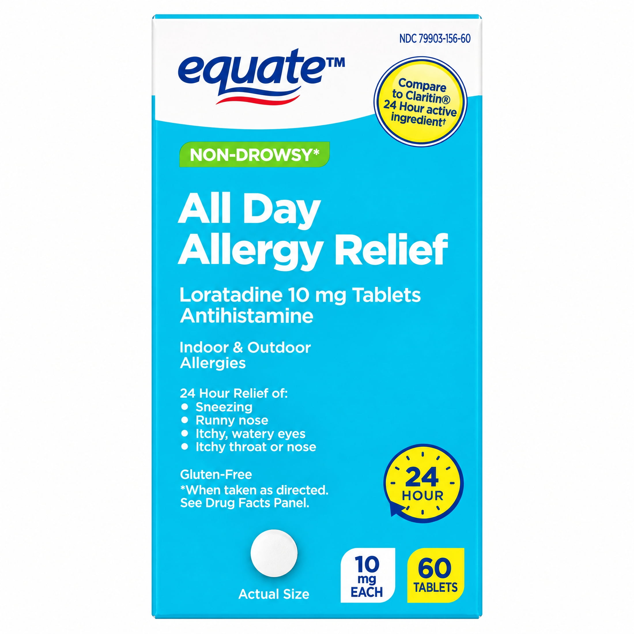 Equate Non-Drowsy All Day Allergy Relief Loratadine 10 mg Tablets, 60 Count