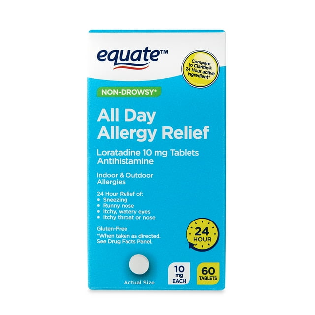 Equate NonDrowsy Allergy Relief Loratadine Tablets 10 mg, Antihistamine, 60 Count