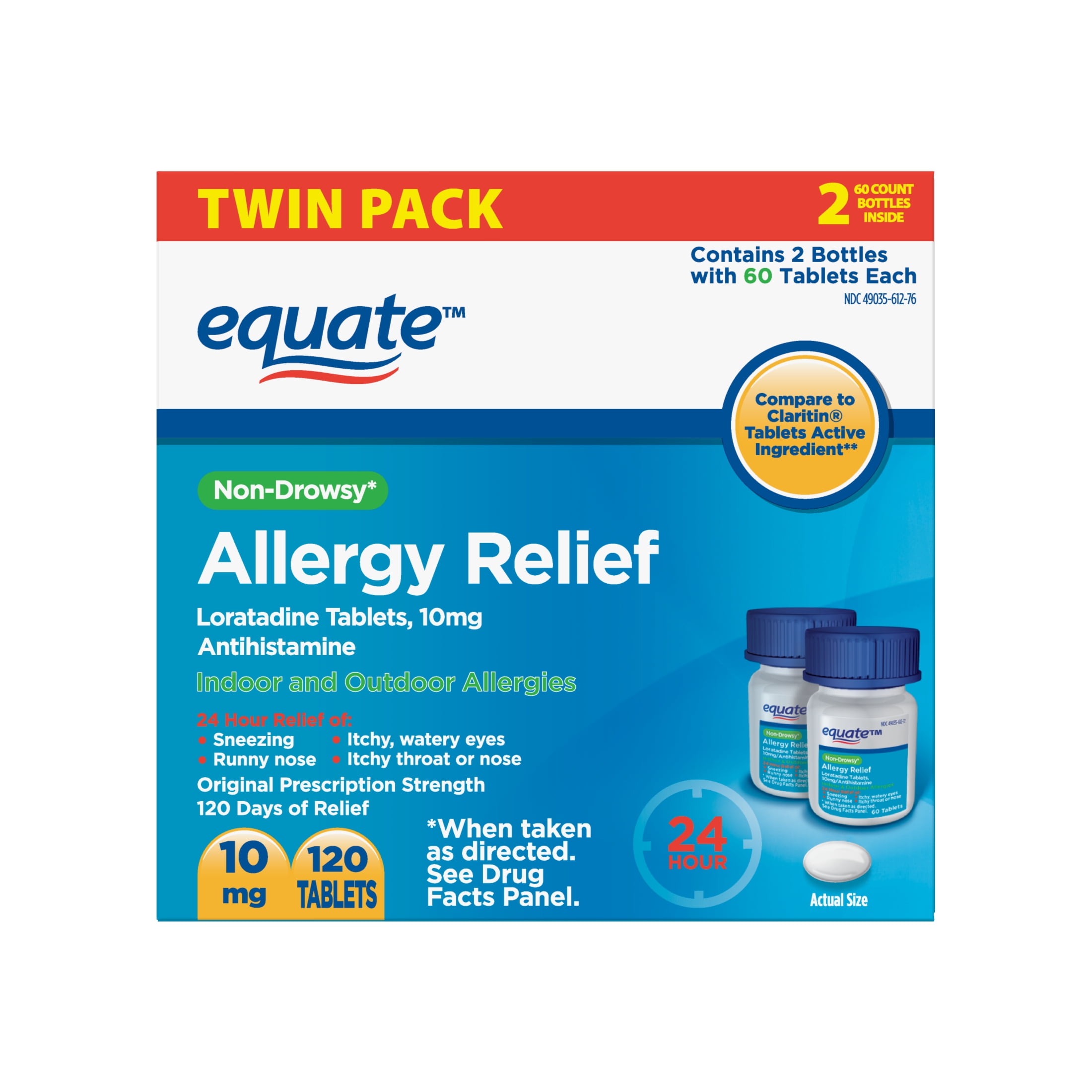 Equate Non-Drowsy Allergy Relief Loratadine Tablets, 2x60 Ct